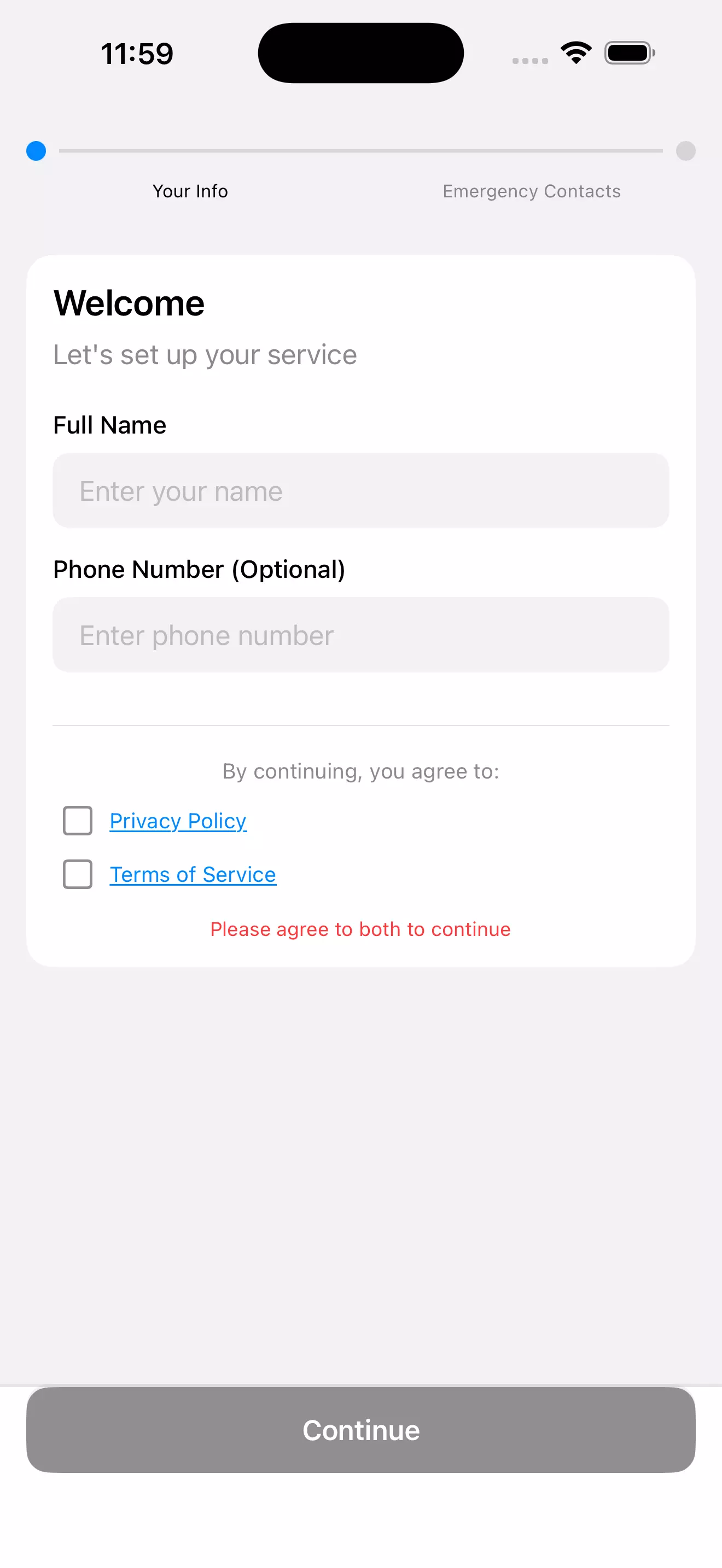 AreYouOK First login screen