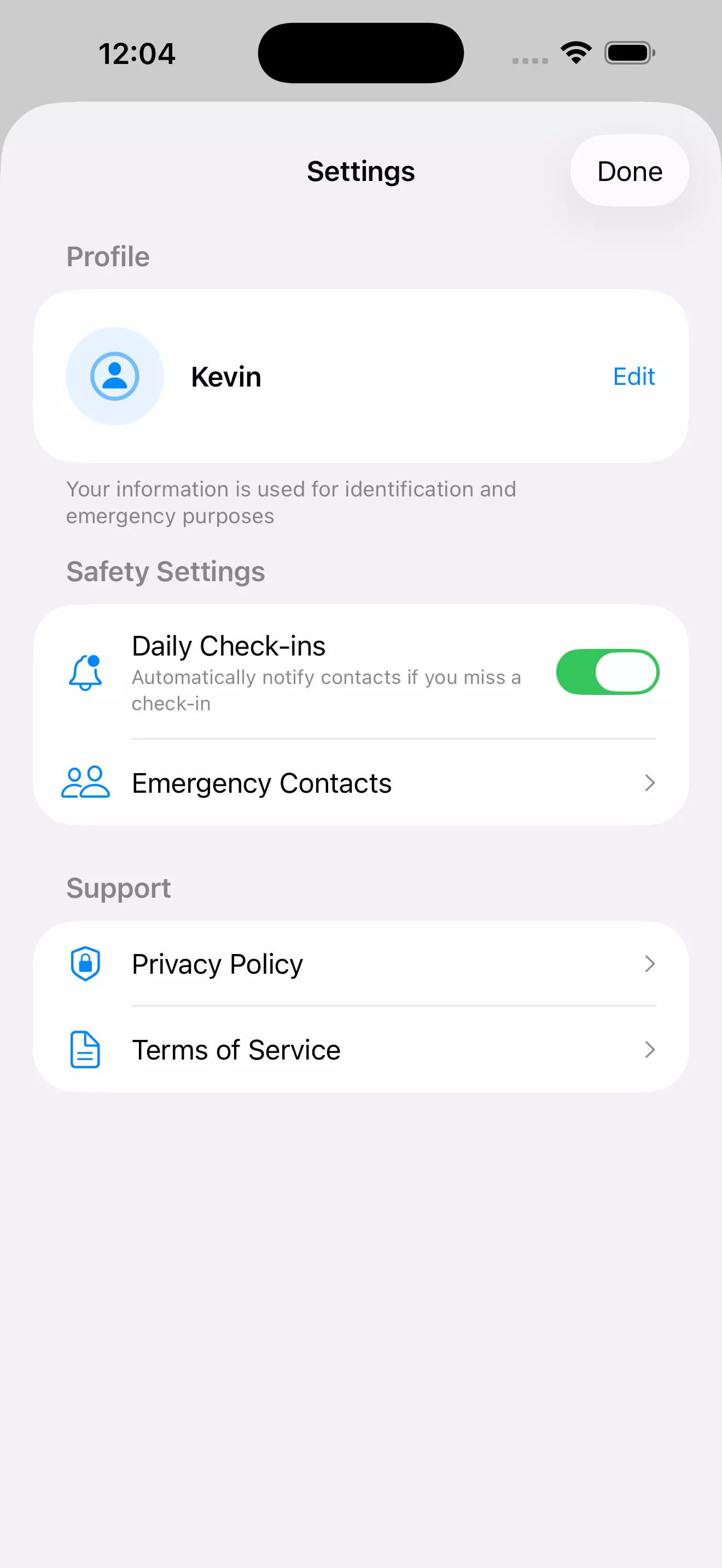 AreYouOK emergency contacts management screen