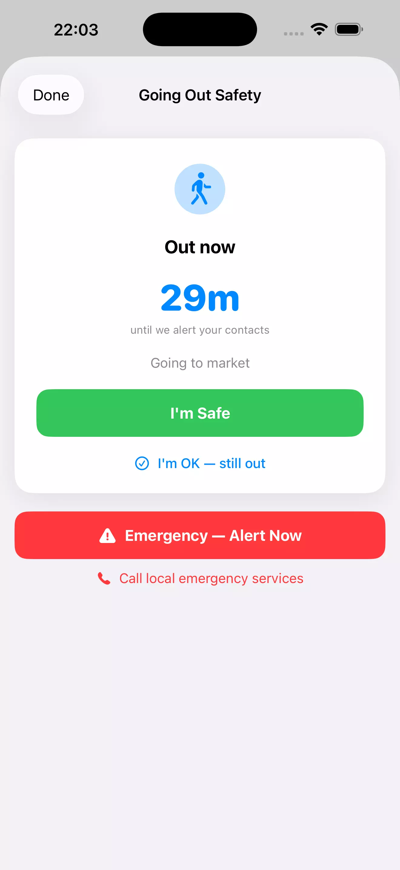 Active outing countdown before contacts are alerted